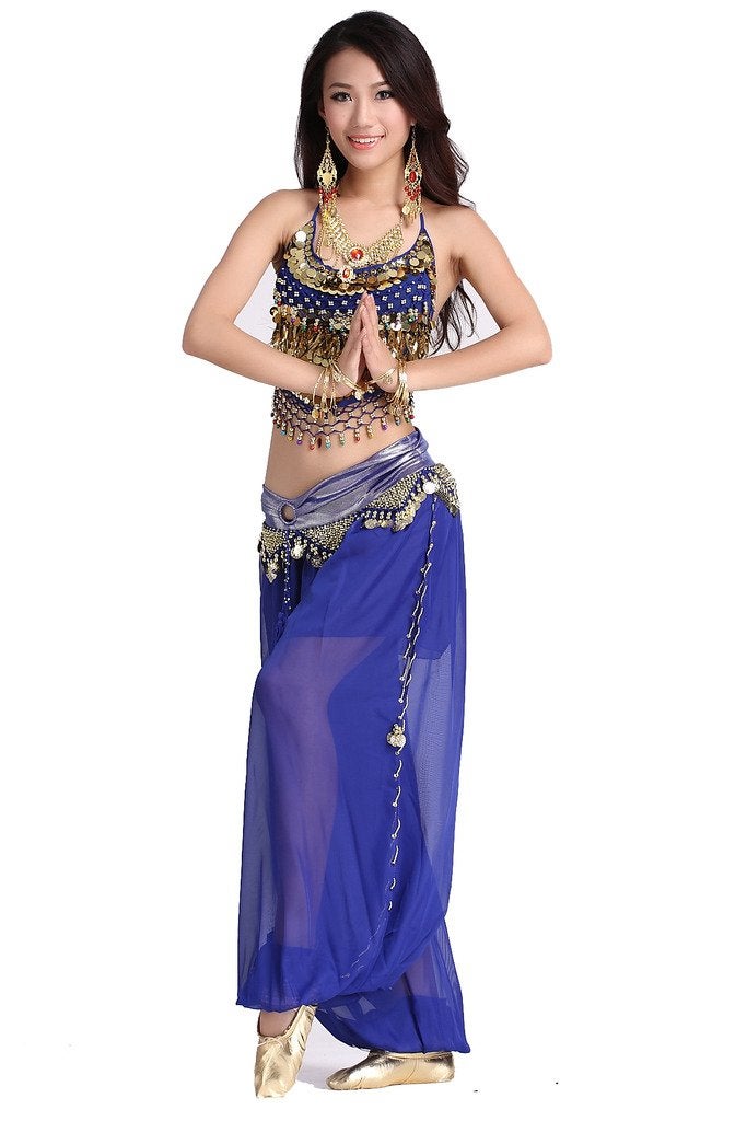 ZLTdream Lady's Belly Dance Chiffon Banadge Top and Lantern Coins Pants Dark Blue, One Size - Image 3